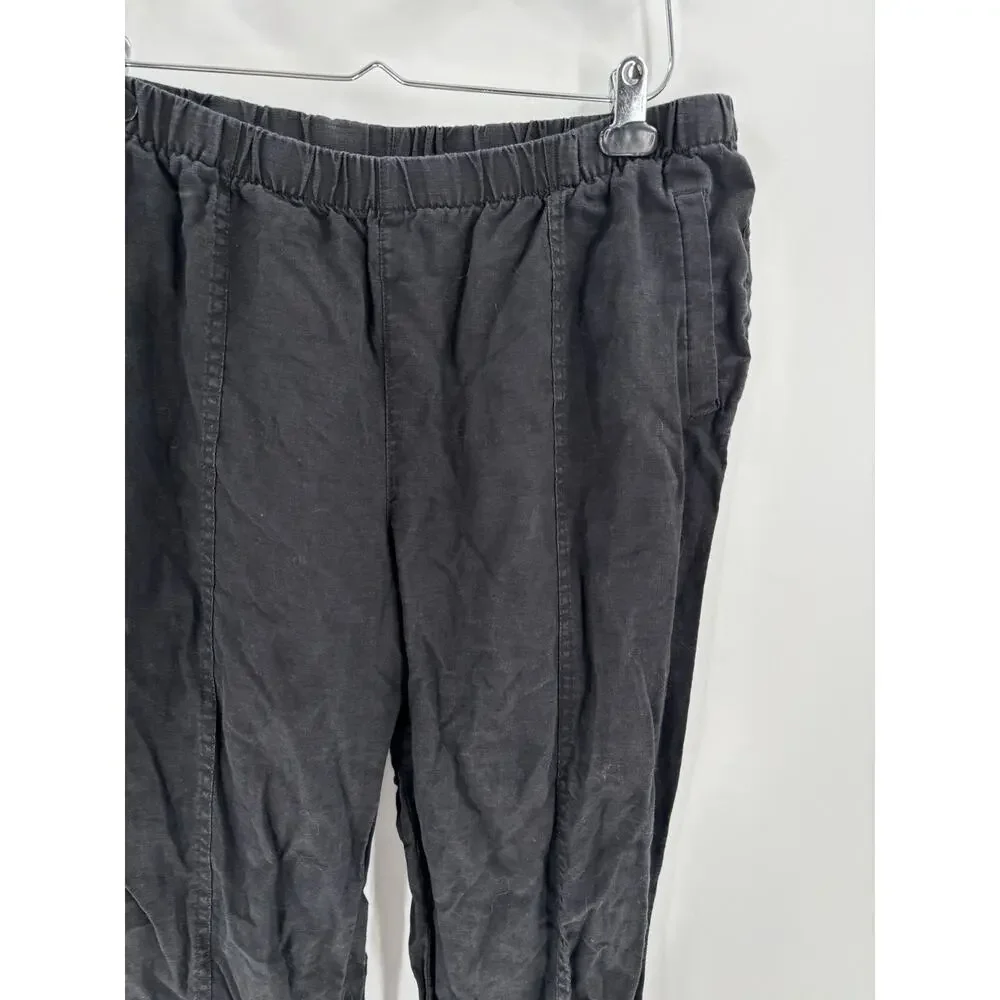 Chicos Pants Womens Large Black 100% Linen Pull On Pockets Straight Leg Stretchy